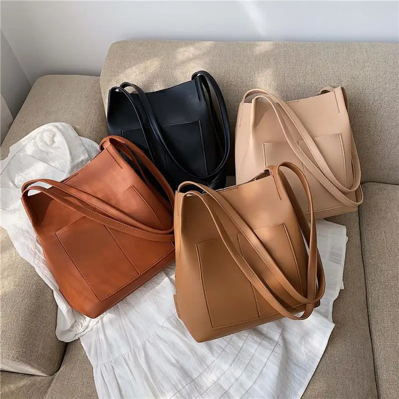 Shoulder Bags Women Thread Pockets Buckets PU Leather Big Capacity OL Handbags