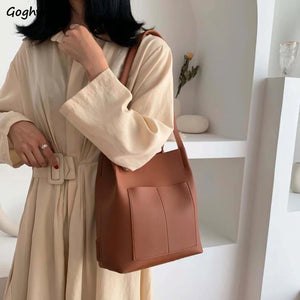 Shoulder Bags Women Thread Pockets Buckets PU Leather Big Capacity OL Handbags
