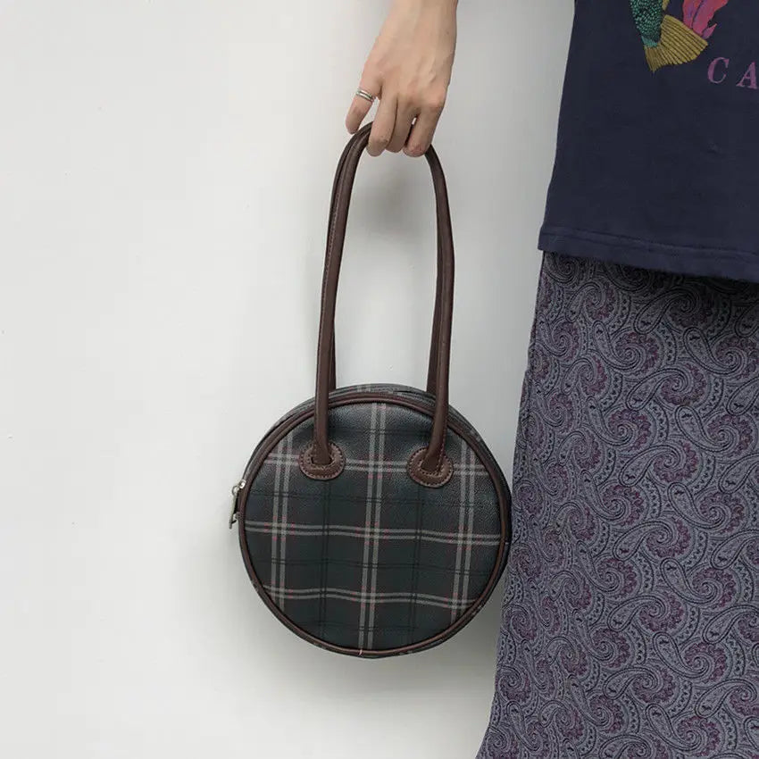 Circular Plaid Underarm Bag Ins Retro Style PU Leather Handbag