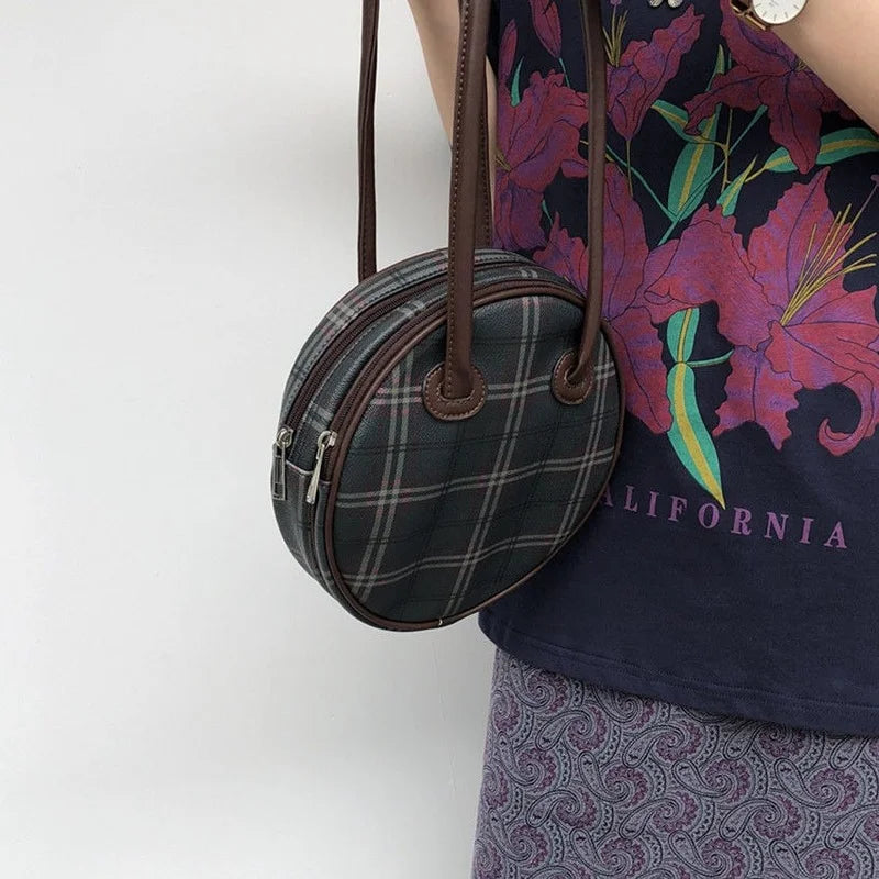 Circular Plaid Underarm Bag Ins Retro Style PU Leather Handbag