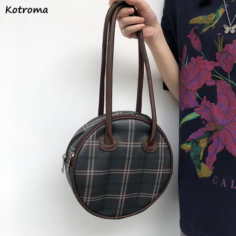 Circular Plaid Underarm Bag Ins Retro Style PU Leather Handbag