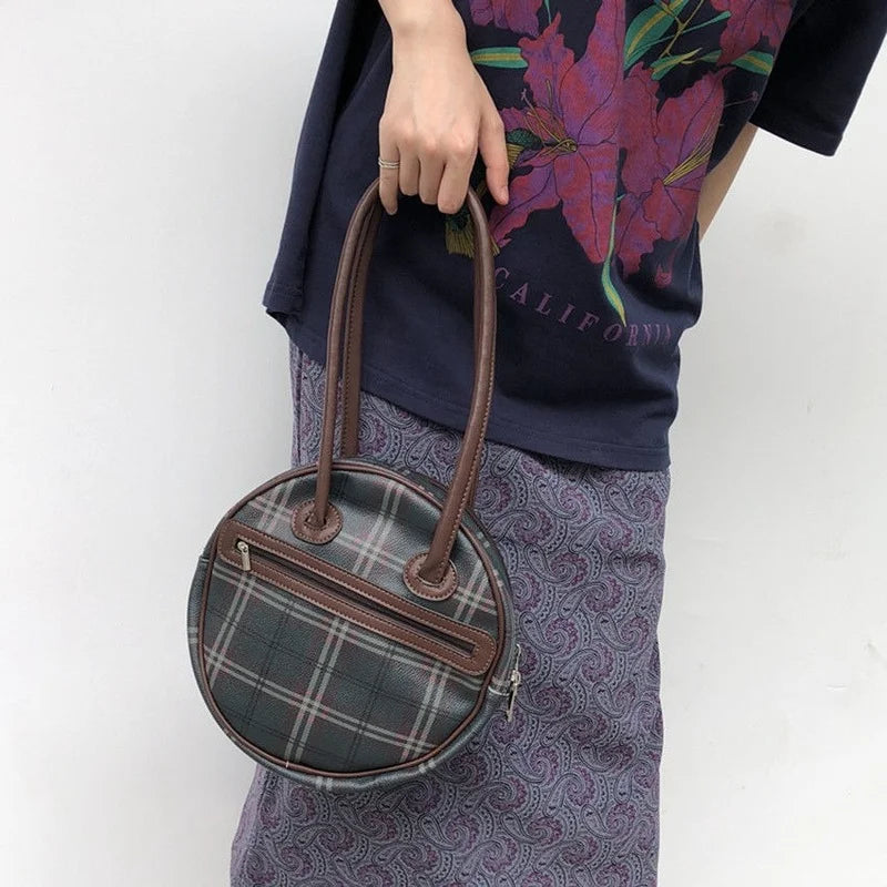 Circular Plaid Underarm Bag Ins Retro Style PU Leather Handbag