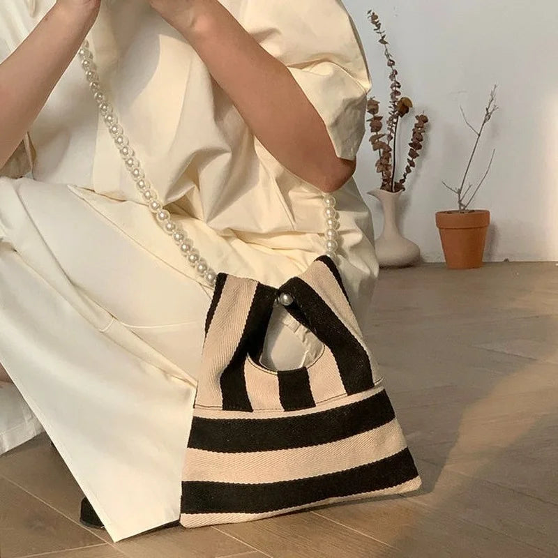 Vintage Striped Canvas Shoulder Bag with Pearls Beading