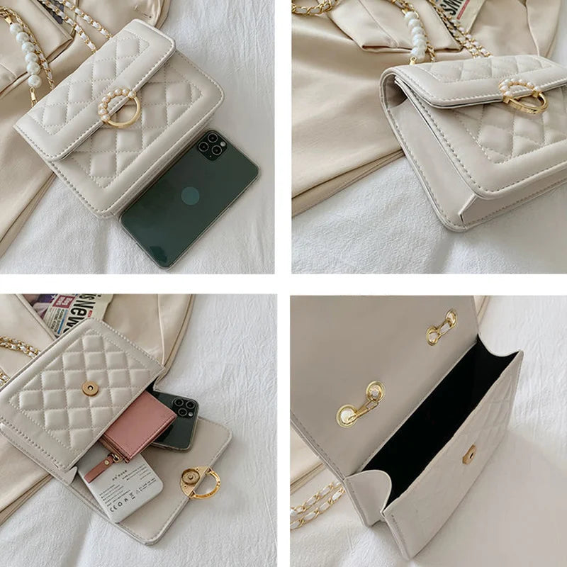 Shoulder Bag for Women Pearls Diamond Lattice Hand Bag Cross Body Chain
