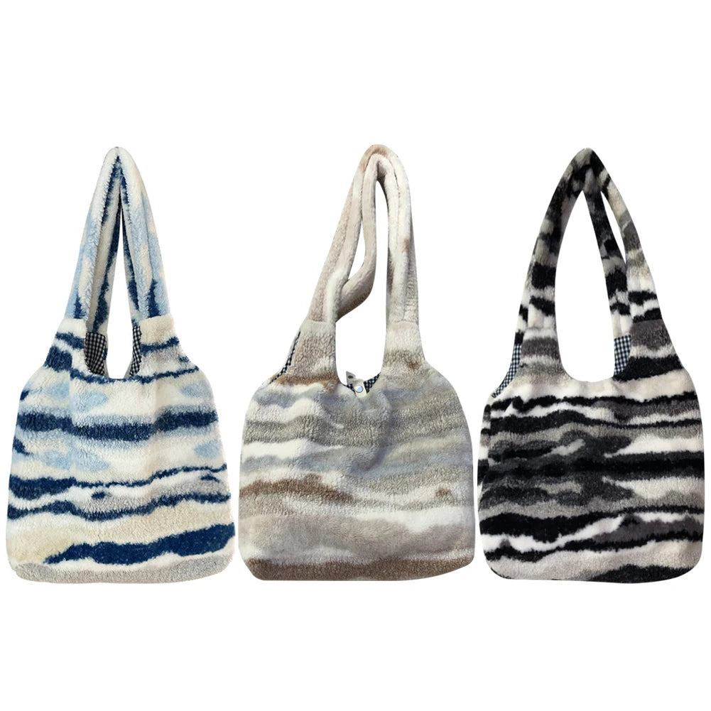 Casual Tote Bag Plush Underarm Bag Ink Pattern Shopping Bag
