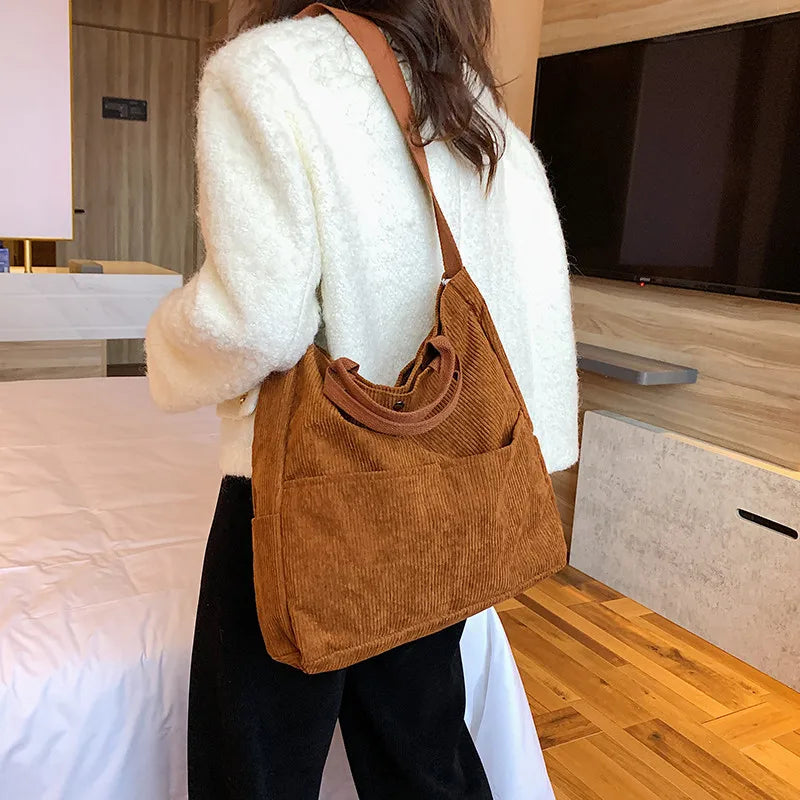 Corduroy Tote Shoulder Bag for Women Large Capacity Winter Soft Solid Messenger