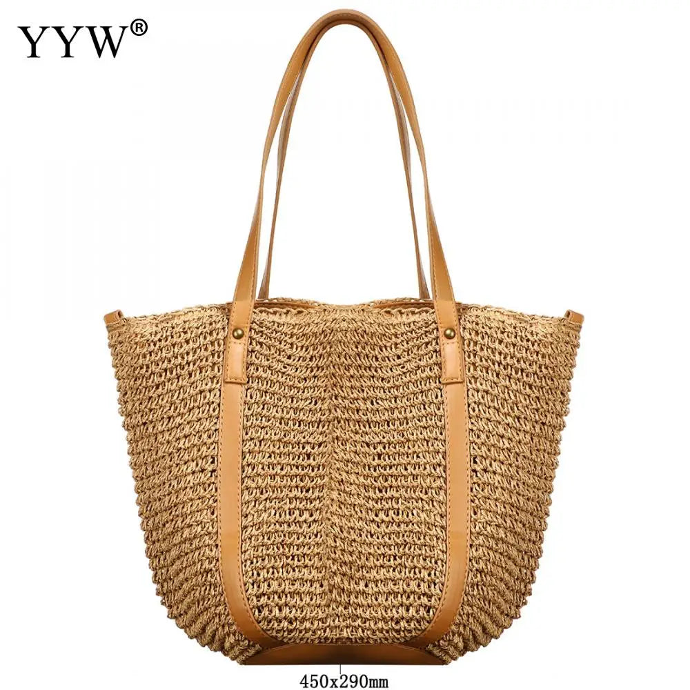 Straw Beach Tote Bag Top Handle Handbags Bohemian Vacation Casual Bags