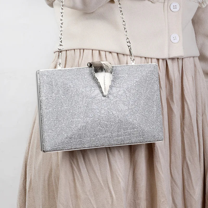 Silver Clutch Bag Womens Leaf Shape Hasp Phone