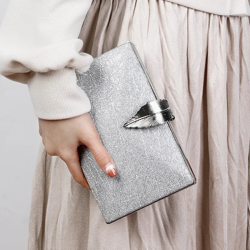 Silver Clutch Bag Womens Leaf Shape Hasp Phone