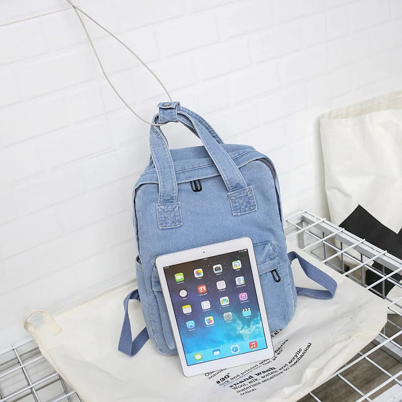 Casual Denim Women Backpack with Handle Jeans Girls Travel Bag Daypack