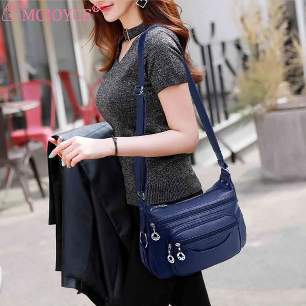 Soft Leather Crossbody Sling Bag Multi-Layer Pocket Zipper Travel Satchel