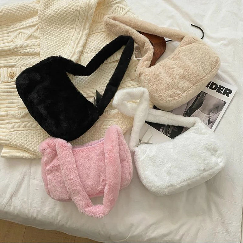 Women Soft Plush Hobos Shoulder Bags Winter Furry Ladies Clutch Purse