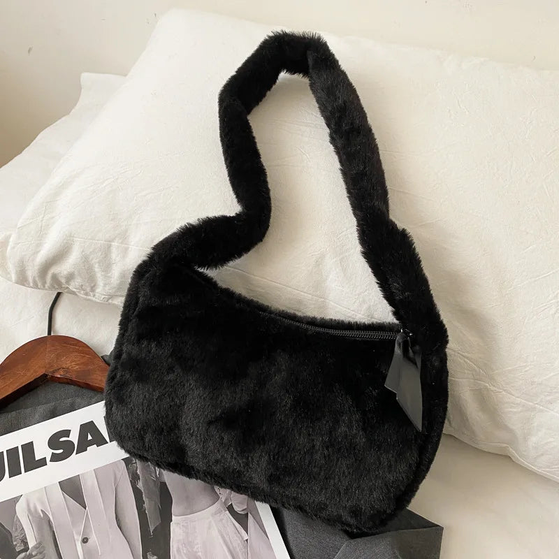 Women Soft Plush Hobos Shoulder Bags Winter Furry Ladies Clutch Purse