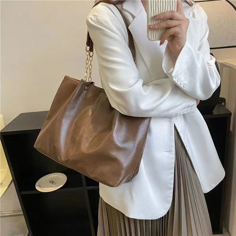 Soft PU Totes Bag For Women Large Capacity Handbags Solid Shopper