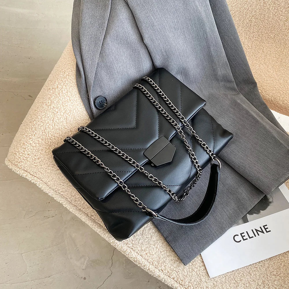 Lattice Pattern Handbag Soft PU Leather Female Handbags Chain Travel Bags