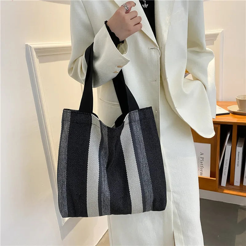 Small Fresh Striped Canvas Shoulder Bag for Women