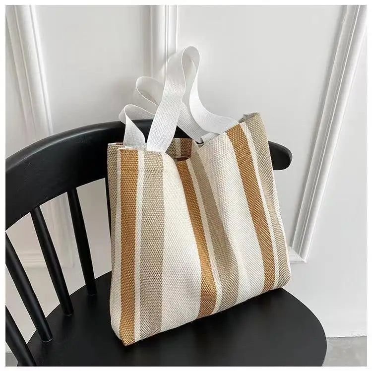 Striped Canvas Shoulder Bag for Women Casual Literature and Art