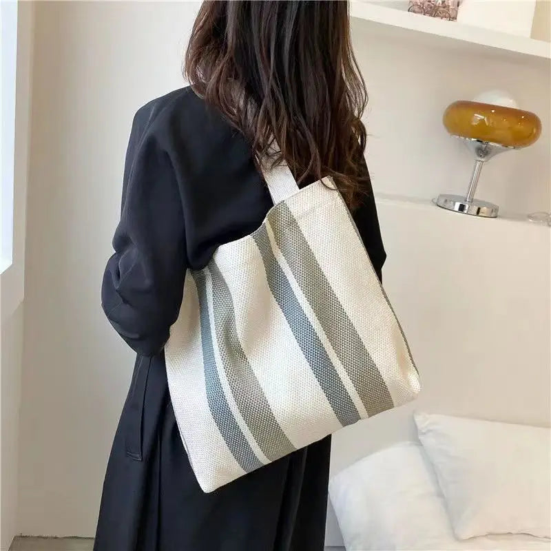 Striped Canvas Shoulder Bag for Women Casual Literature and Art