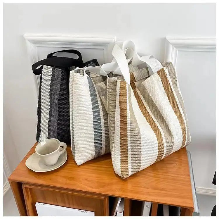 Striped Canvas Shoulder Bag for Women Casual Literature and Art