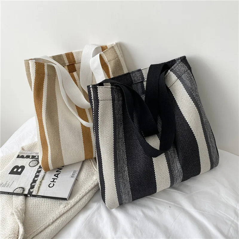 Small Fresh Striped Canvas Shoulder Bag for Women