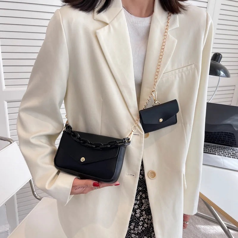 Solid Pu Ladies Chain Small Square Bag Two-In-One Plaid Student