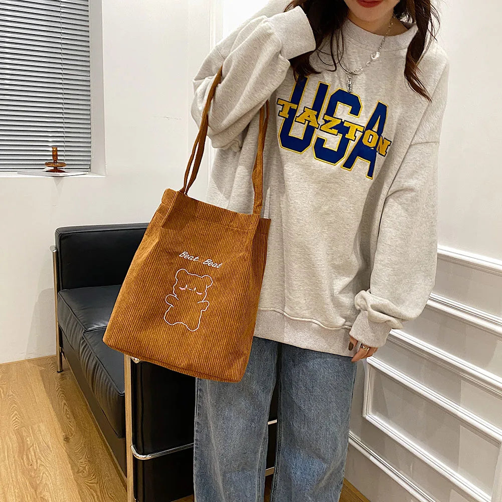 Corduroy Shoulder Shopper Bag Bear Pattern Winter Large Capacity Handbag