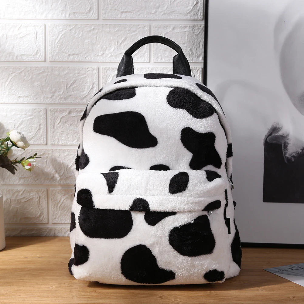 Small Animal Cow Pattern School Bags Soft Plush Winter Fluffy Shoulder Bags
