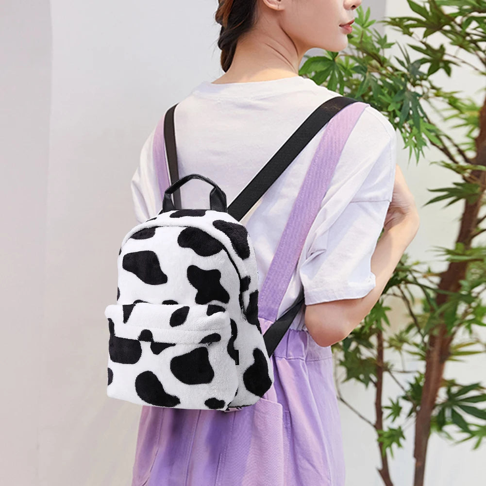 Small Animal Cow Pattern School Bags Soft Plush Winter Fluffy Shoulder Bags