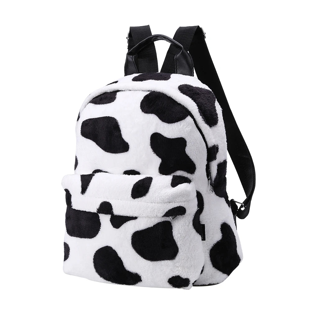 Small Animal Cow Pattern School Bags Soft Plush Winter Fluffy Shoulder Bags