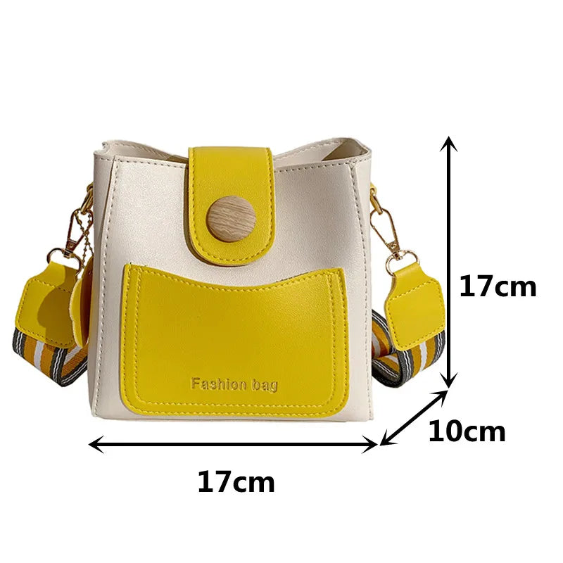 Contrast Bucket Bag Women PU Leather Crossbody Handbag Wide Shoulder Strap