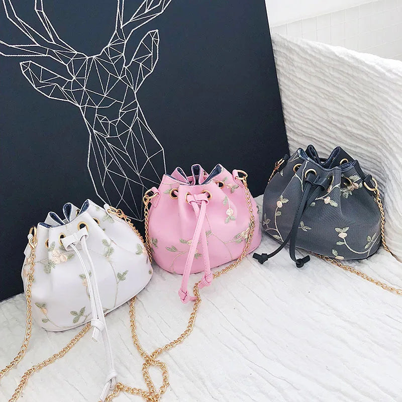 Embroidered Bucket Bag Drawstring Chain Strap Shoulder Messenger Bag