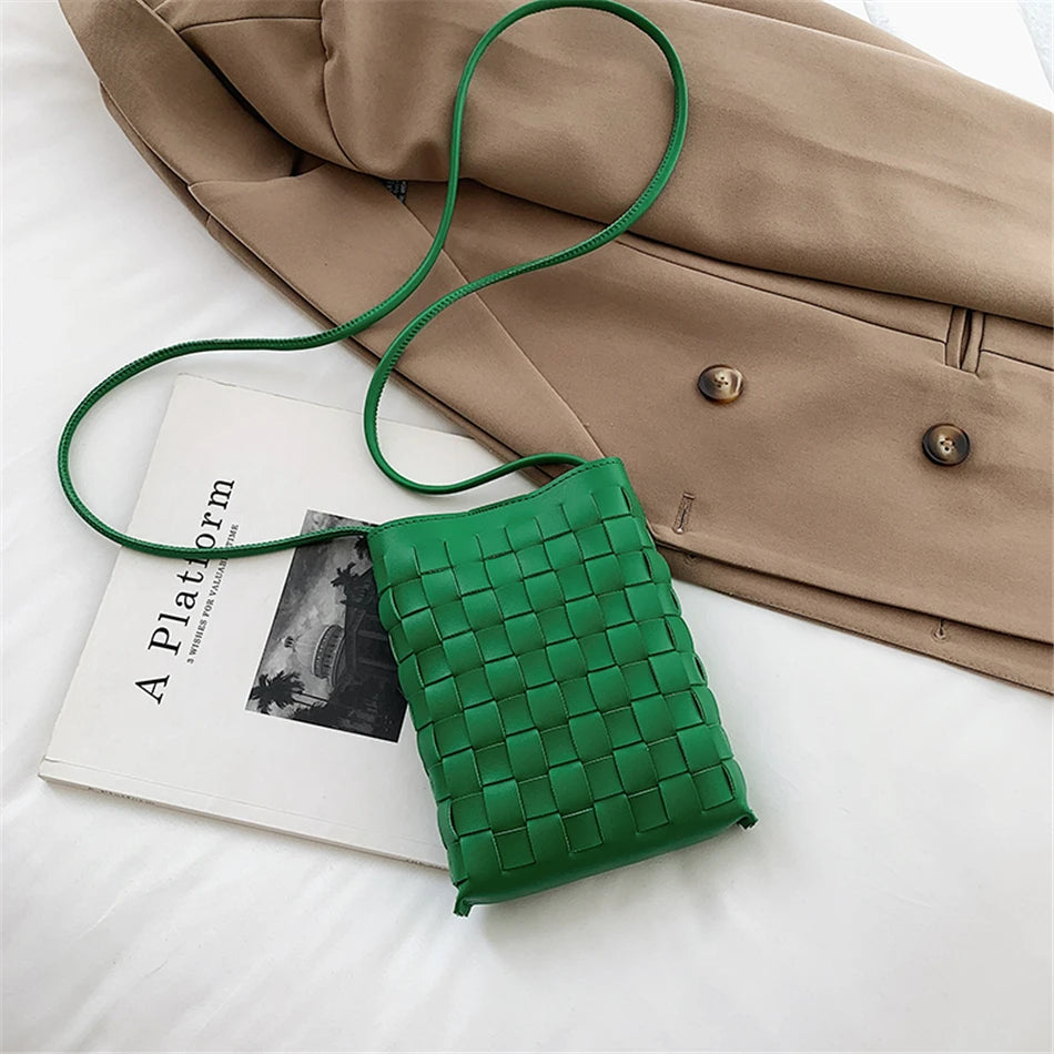 Small Knitting Messenger Phone Bag For Women Top PU Leather