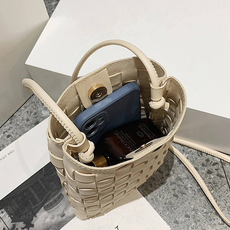 Small Knitting Messenger Phone Bag For Women Top PU Leather