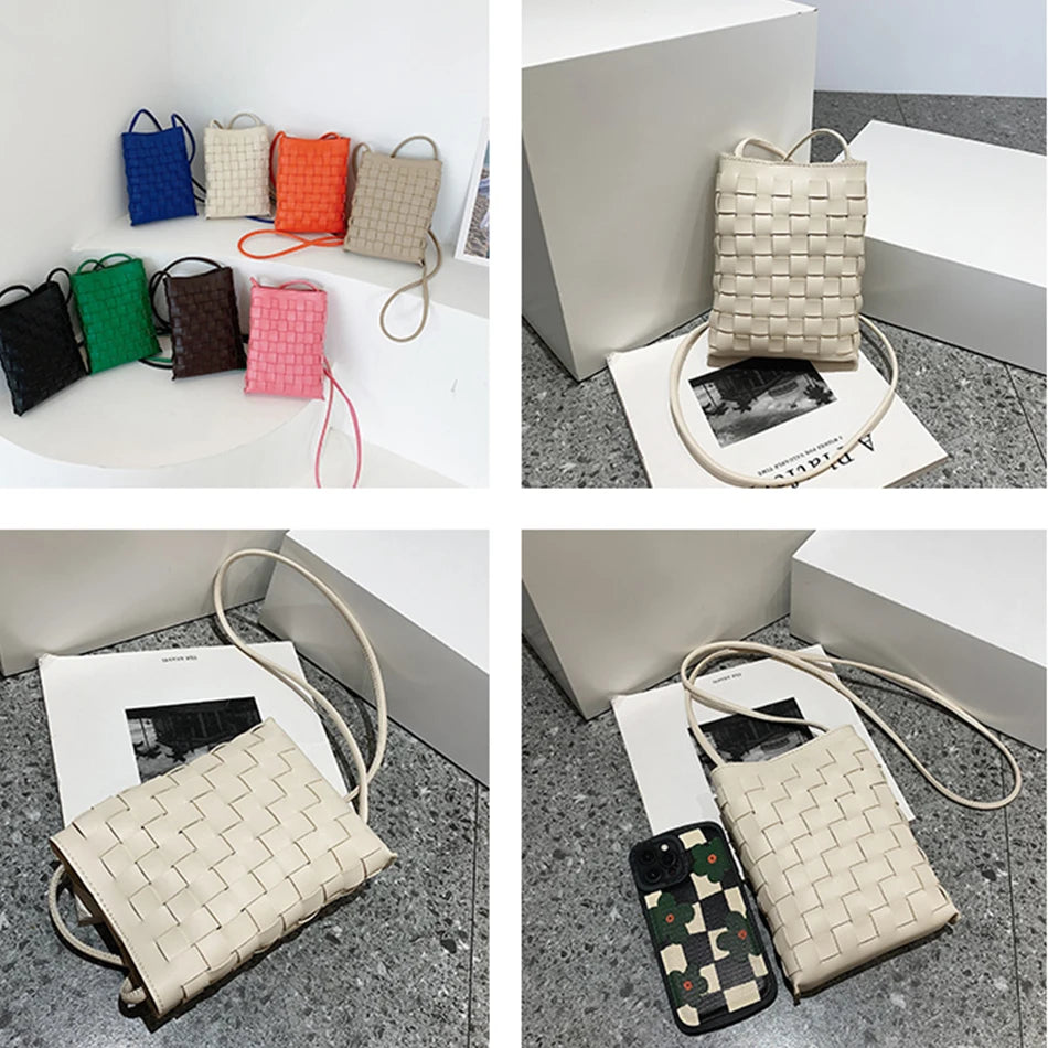 Small Knitting Messenger Phone Bag For Women Top PU Leather