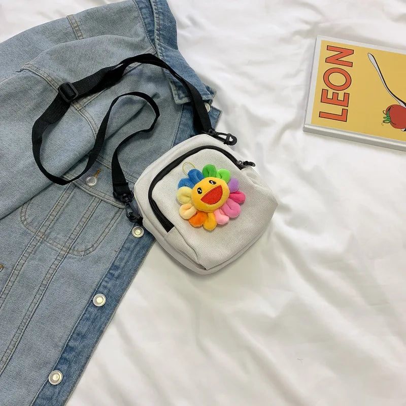 Small Square Women Canvas Handbags Mini Cloth Sunflower Shoulder Bags