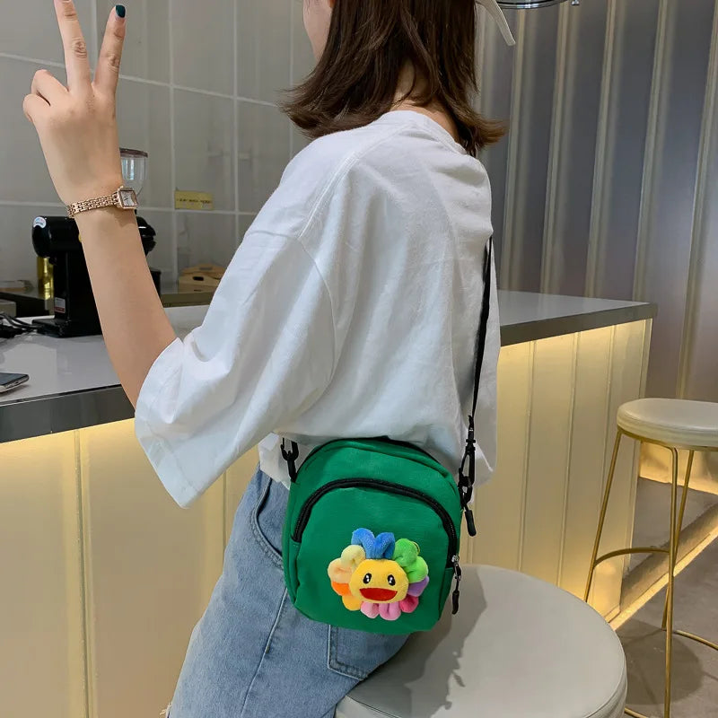 Small Square Women Canvas Handbags Mini Cloth Sunflower Shoulder Bags