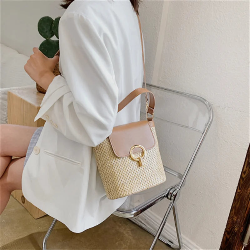 Women's Small Straw Bag Bucket Crossbody Rattan Beach Lady