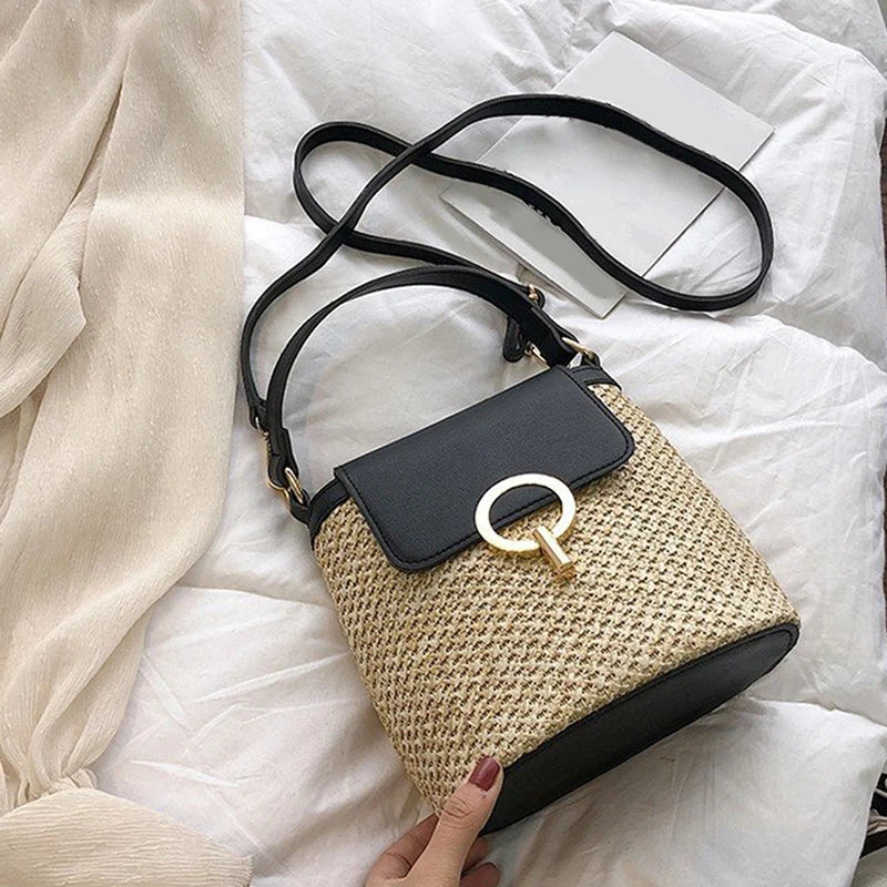 Straw Bucket Crossbody Bag Summer Travel Shoulder Purse for Women