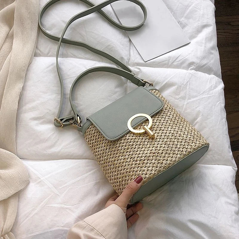Straw Bucket Bag Women Crossbody Summer Travel Shoulder Bag
