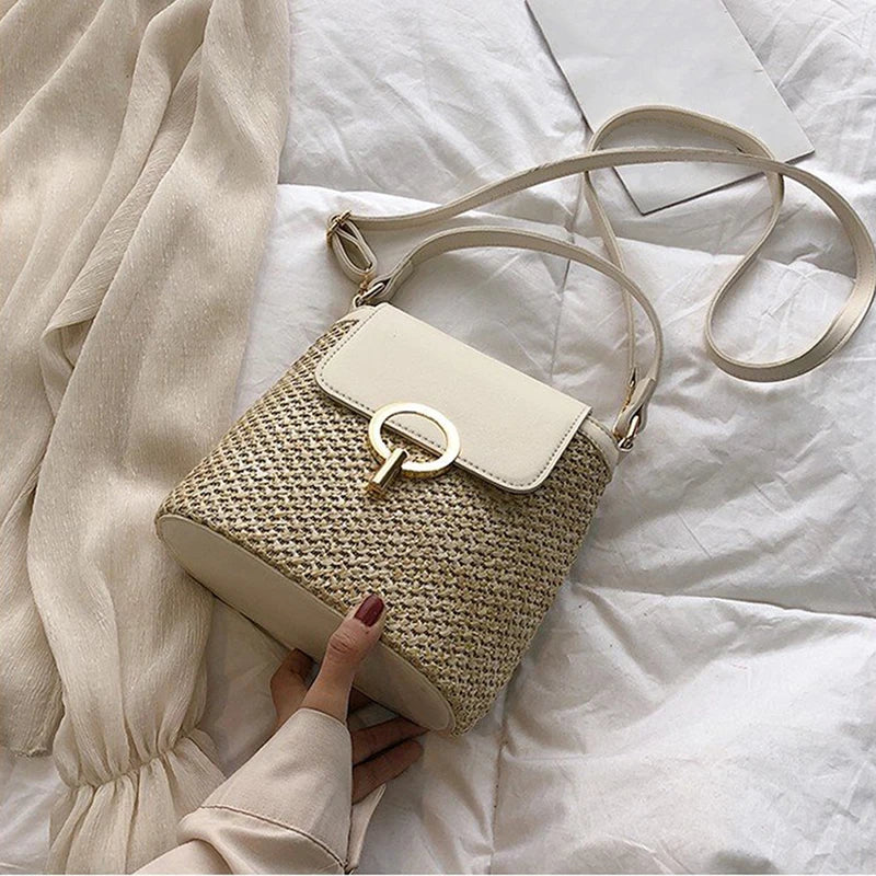 Straw Bucket Crossbody Bag Summer Travel Shoulder Purse for Women