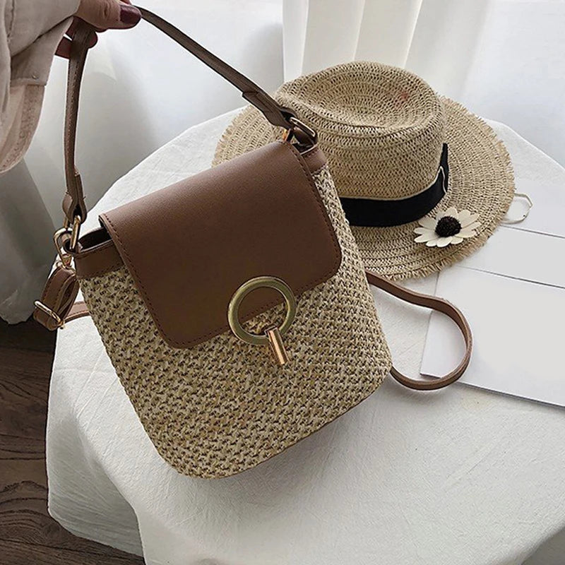Straw Bucket Crossbody Bag for Women Summer Travel Purse Shoulder Messenger Bag