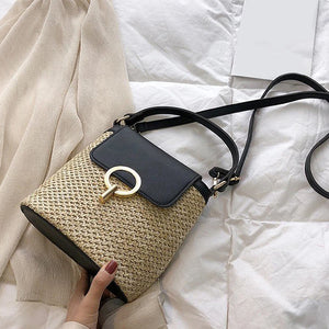 Straw Bucket Crossbody Bag for Women Summer Travel Purse Shoulder Messenger Bag