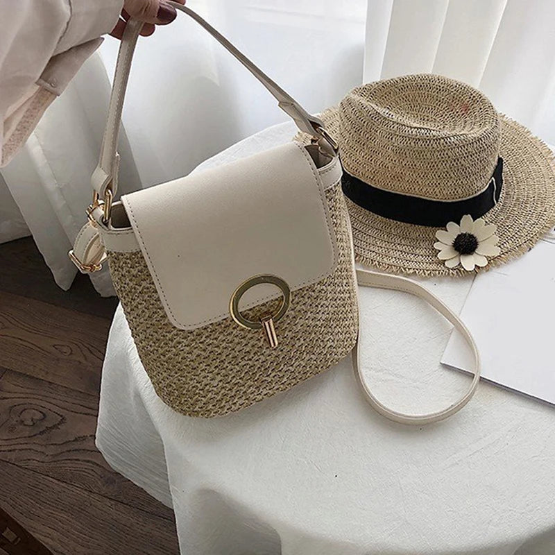 Straw Bucket Bag Crossbody for Women Lady Summer Travel Purse Shoulder Bag