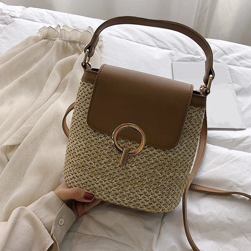 Straw Bucket Bag Women Crossbody Travel Purse Lady Shoulder Bag