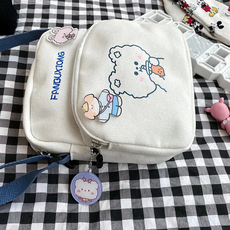 Women Canvas Shoulder Bag Cartoon Print Mini Handbag Phone Crossbody Purse