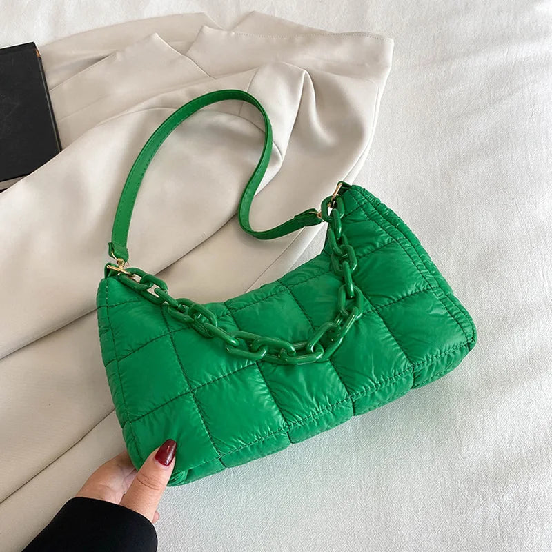 Soft Cotton Women's Shoulder Bag Solid Nylon Plaid Handbags Chain Top Handle Bag