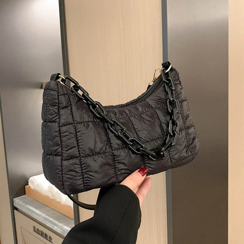 Soft Cotton Women's Shoulder Bag Solid Nylon Plaid Handbags Chain Top Handle Bag