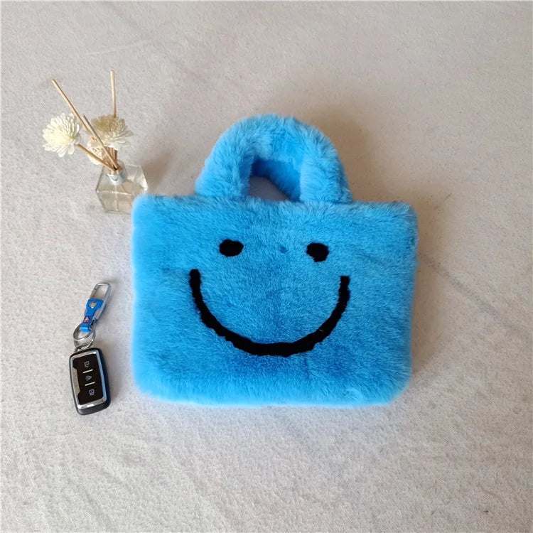 Faux Fur Chain Shoulder Bag Smiley Face Plush