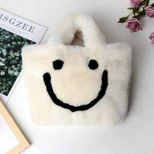 Faux Fur Chain Shoulder Bag Smiley Face Plush