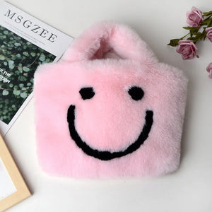 Faux Fur Chain Shoulder Bag Smiley Face Plush